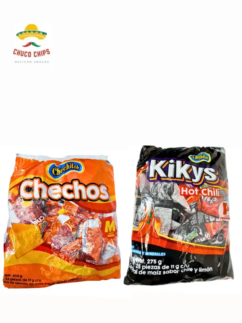 Chechitos Botaneros . Individual bags. Each bag comes with 24 individual bags. Choose from Chechos Cheddar flavor and Kikys Hot Chili.