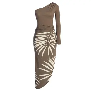 Tan One Shoulder Palm Print Dress