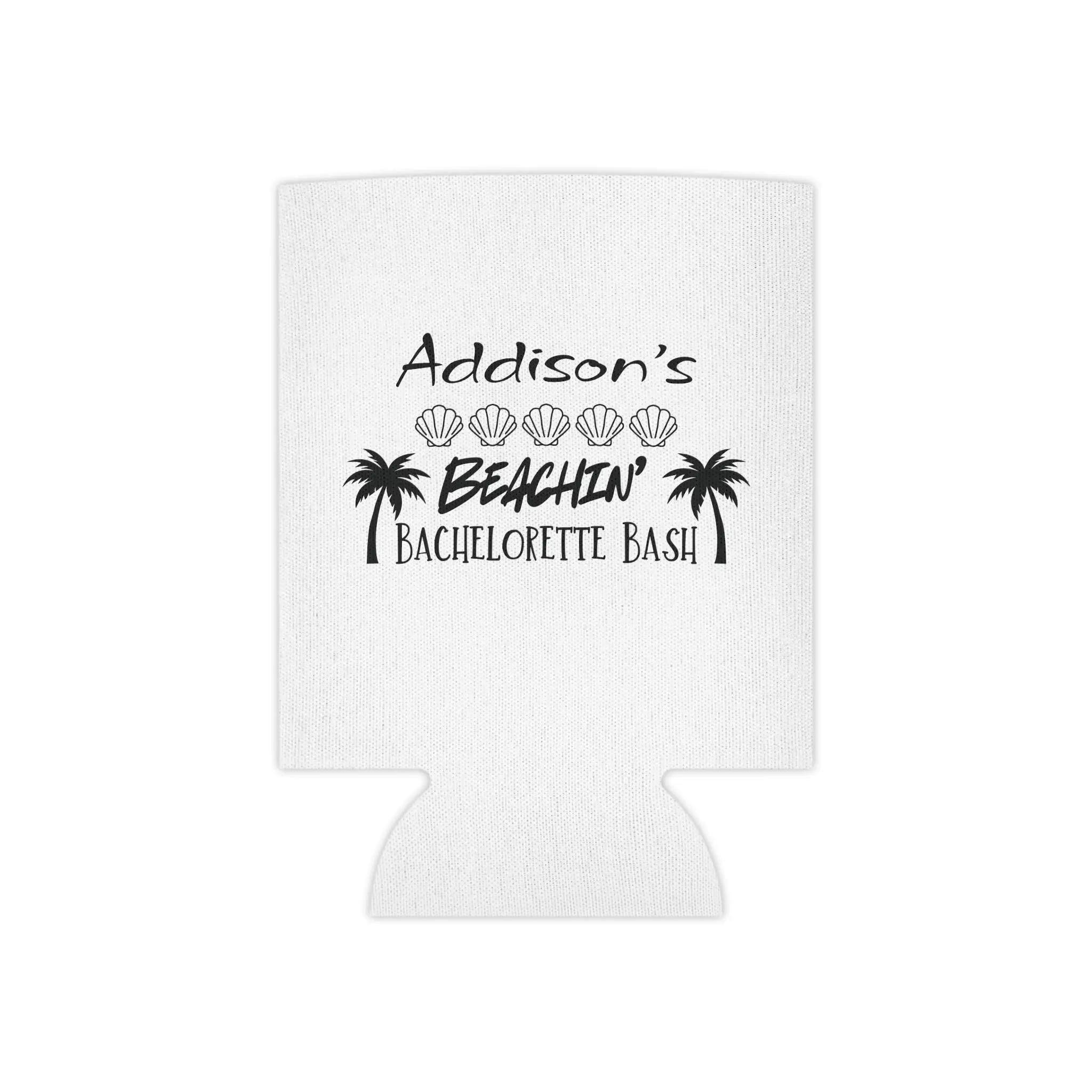 Personalized White Beachin' Bachelorette Bash Can Cooler | Palm Trees, Shells