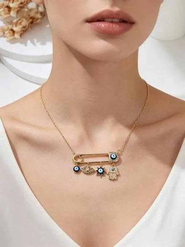 Women's Gold-Plated Safety Pin Necklace - Gold-Plated Metal-Crystal Hamsa Hand, Evil Eye Design Boho Jewelry, Female Lucky Protection Amulet Daily Party Gift (Home & Festive Party Supplies)