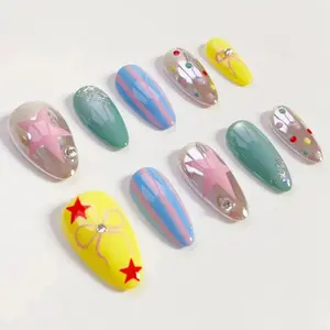 Summer Y2K Polka Dots Press on Nails, Cat Eye Rainbow Nail Art