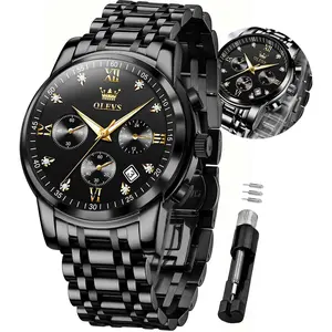 OLEVS Mens Watches Luxury Business Stainless Steel Chronograph Moon Phase Waterproof Date Analog Quartz Dress Watches for Men,Silver/Blue/Black/Gold Dial