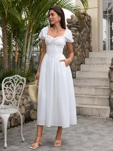 Square Neck Backless Cross Strap Ruched Fishbone Bubble Sleeve Dress, Casual Comfortable Fashion Long Dress for Daily Wear