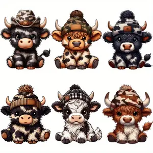 6 PCS Cute Highlander Cow Iron on Heat Transfer Patches Waterproof Stickers for DIY T Shirt Jeans Mask Backpack Personalized Style Paper Transfer Durable Patch Design