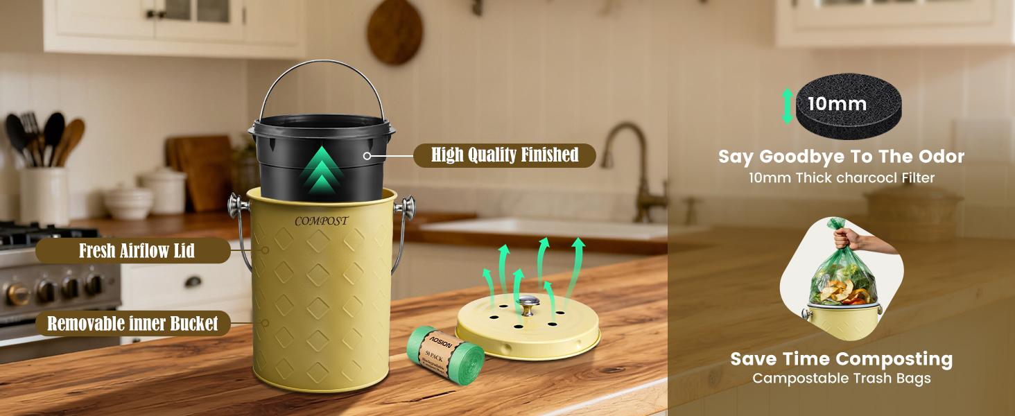 AOSION Countertop Compost Bin Kitchen,Odorless Indoor Compost Bin with Lid,Farmhouse Composter Container for Food Waste,Includes 2 Carbon Filters, Small Compost Bucket,Trash Bags (Modern, Yellow) AOSION Countertop Compost Bin Kitchen,Odorless Indoor Compost Bin with Lid,Farmhouse Composter Container for Food Waste,Includes 2 Carbon Filters, Small Compost Bucket,Trash Bags (Modern, Yellow)
