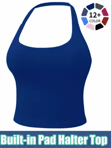 Women's Solid Removable Chest Pad Sports TankTop, Casual Comfort and Durability Halter NeckSports Top for Yoga Gym Workout, Ladies Sportswearfor All Seasons Gym Workout Tops