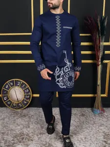 Traditional Muslim Set Kurta African Style Men's Wedding Formal New Suit 2-Piece Round Neck Long Sleeve Top and Pants