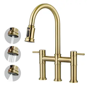 WOWOW Gold Farmhouse Centerset Double Handle Sink Faucet, 3-Hole High-Arc Brass 360° Swivel Bridge Tap with Sprayer Attachment, Head, Supply Lines, Leak-Proof Design & Easy Setup, Centerset Sink Faucet