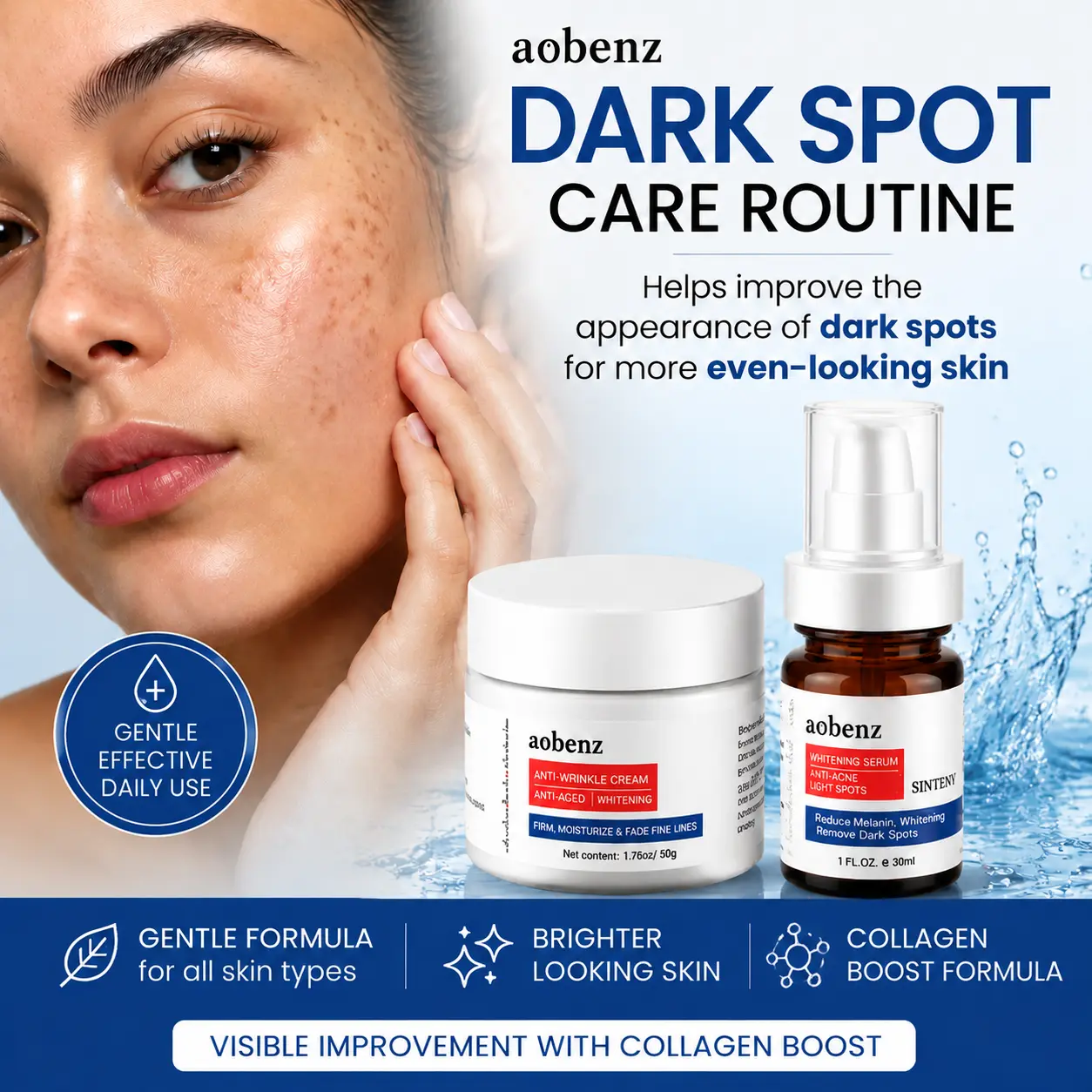 [aobenz Official] Dark Spot Corrector Daily Skincare Kit - Collagen Firming Cream, Retinol Serum, Hyaluronic Acid Moisturizer, Vitamin C Brightener, Sunscreen for Soothing Redness Relief, Calming Hyperpigmentation, Radiant Plump Even-Toned Skin