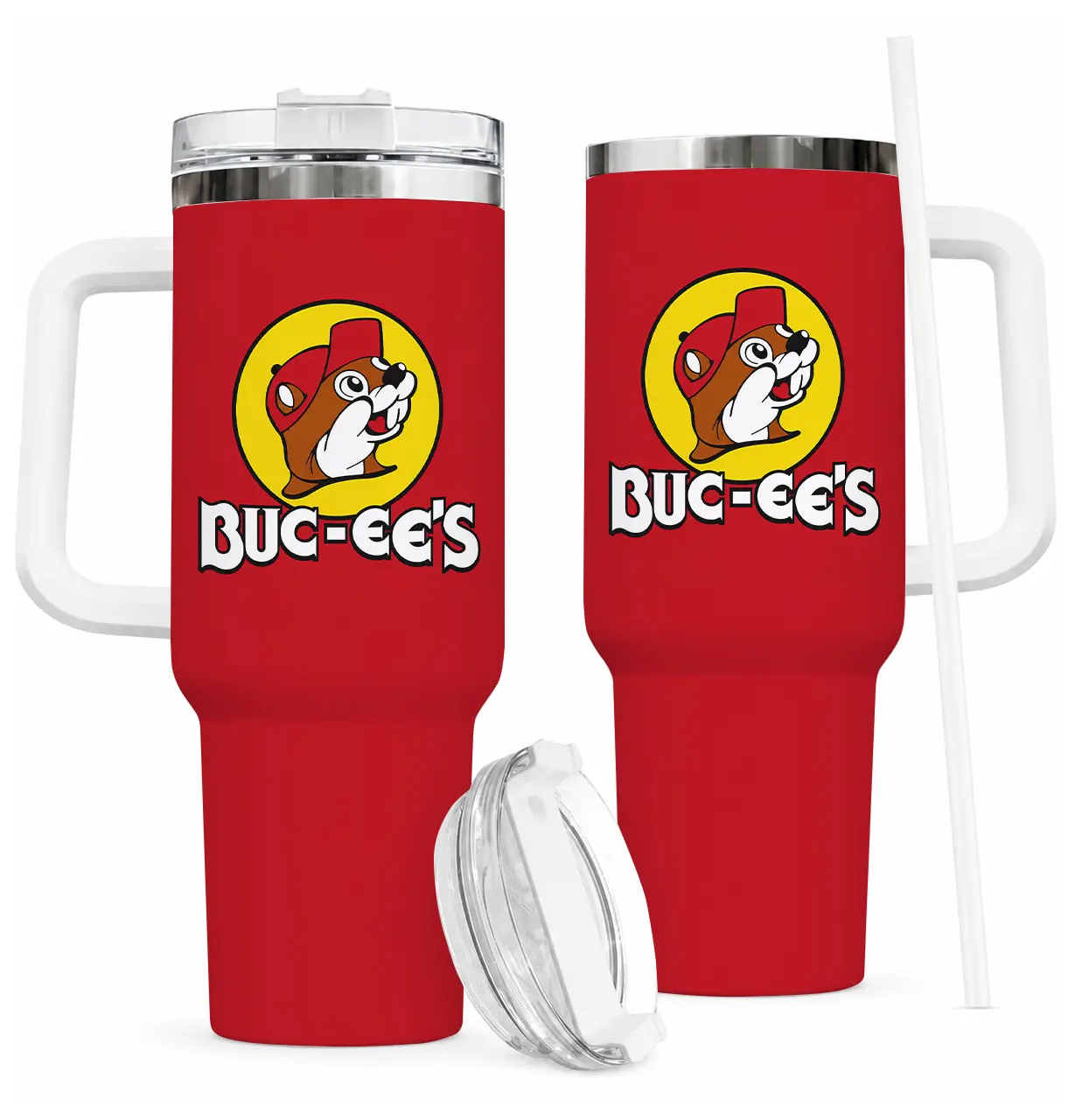 Buc-ee's Insulated Tumbler with Handle, 40oz Stainless Steel Travel Mug, Red Buc-ee's Cup with Straw, Perfect Gift for Road Trip Fans