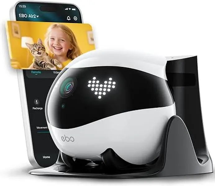 Enabot EBO Air 2 Mobile Pet Camera Robot - 2K FamilyBot Security Camera with 2-Way Talk, Whole-Home Mobility, Custom Pixel Facial Expression, Auto-Recharge, Night Vision, Remote, Card, Long-Distance Gift