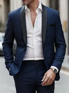 2pcs Men'S Suit Set | Fashionable and Elegant, High Quality, Formal Wear, Formal Attire, Suitable for Wedding, Business, Party, Solid Color, Slim Fit, Lapel Collar, Collared, Suit Jacket + Trousers, Menswear