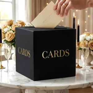 Large Black & Gold Wedding Card Box for Party Reception, Thick Cardboard Money Envelope Cards Holder Gift Box with Slot for Bridal Shower, Graduation, Funeral Memorial, Birthday Party Decorations