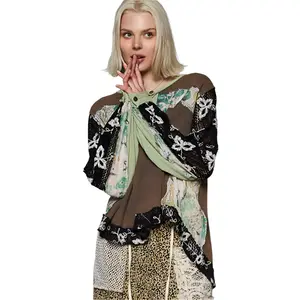 POL Button Detail Floral Patchwork Crochet Sleeve Blouse