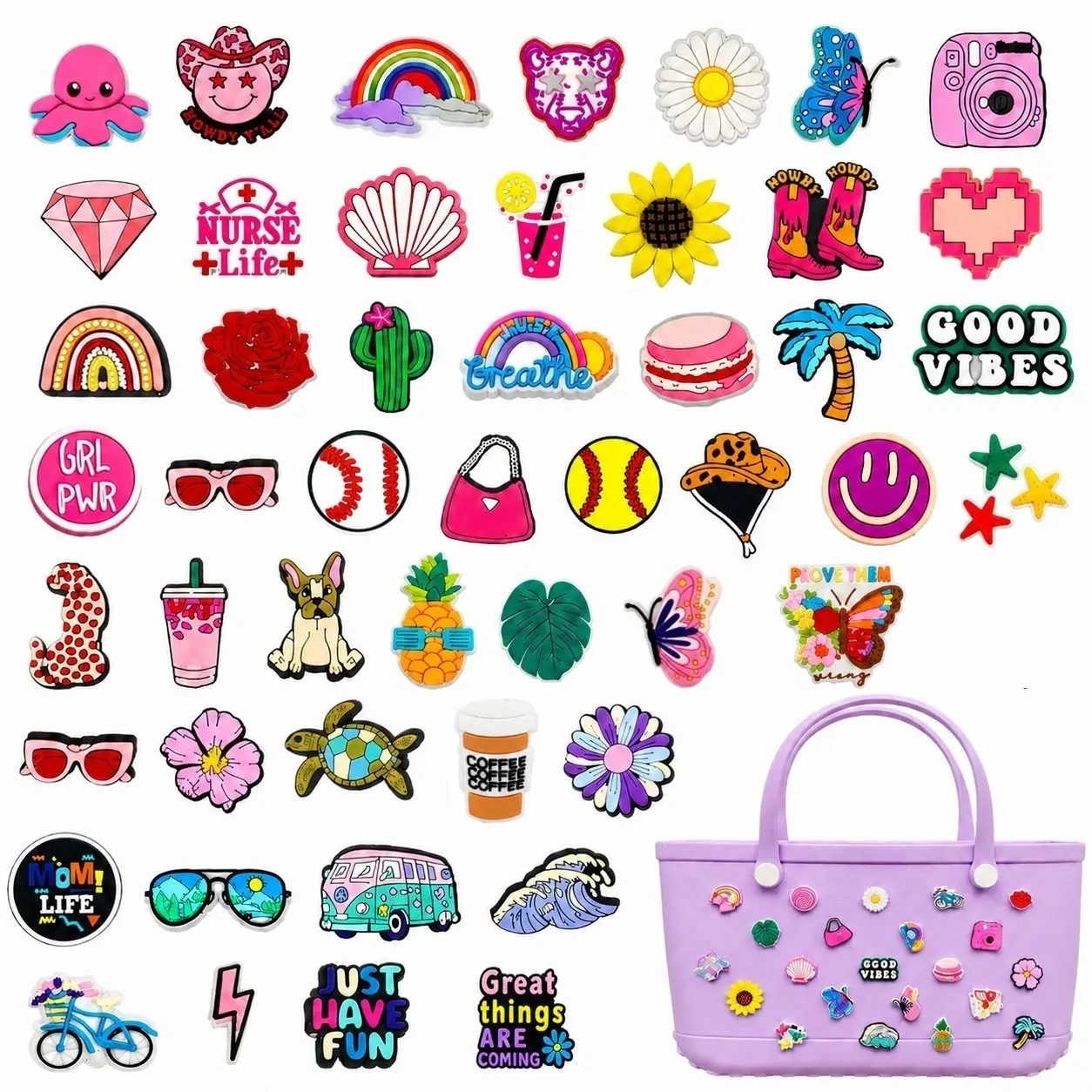 50PCS Cute Bogg Bag Charms, Colorful Rubber Beach Tote Bag Accessories for Women, Decorative Charms for Holey Beach Bags, Clog Shoes, Sandals, Backpacks and DIY Bag Decoration