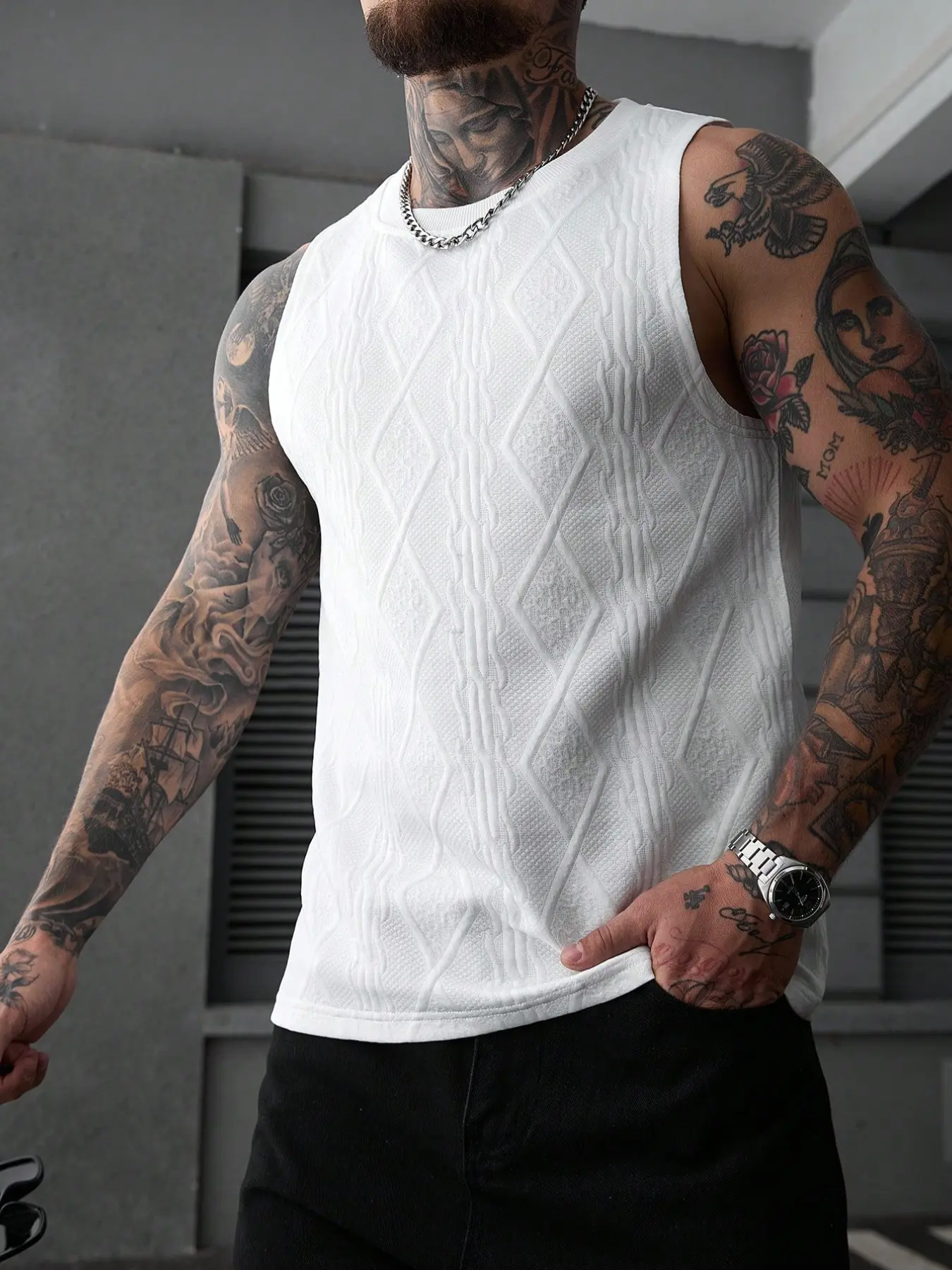 Men's Houndstooth Knit Tank Top, Slim Fit Casual Streetwear, Long Graphic Tee, Short Sleeve, No Collar, Without Button, Zipper