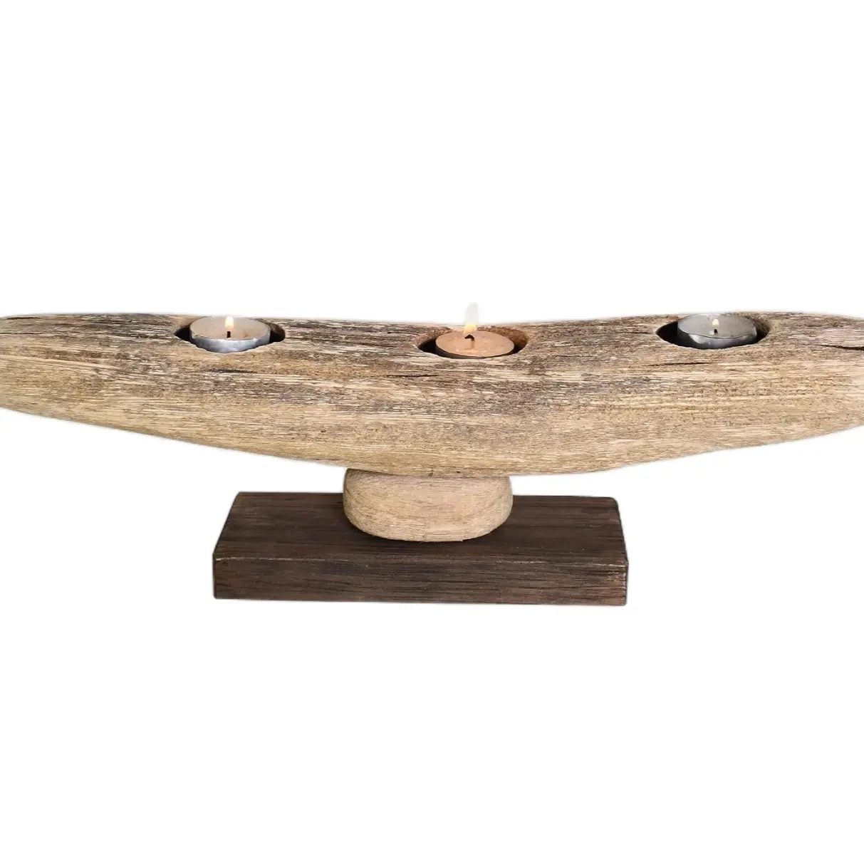 Wood Boat Tealight Candle Holder, 3 Holes, Rustic Farmhouse Votive Candle Holders Table Centerpiece Shelf Decor, Nautical Tea Light Holder Home Decor