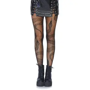 Leg Avenue Snake Graphic Print Fishnet Tights - Classic Fishnet Design with Lace Snakes, Perfect Fit Technology, and Reinforced Toes