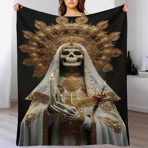 Golden Santa Muerte Flannel Blanket Ornate Baroque Liturgical Design Grim Reaper Soft Lightweight Warm AntiPilling AntiWrinkle Perfect for Gothic Decor Halloween Home Altar Spiritual Meditation Gift
