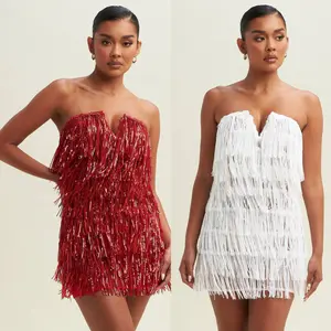 Gina Sequin Strapless V-Neck Fringe Mini Dress Party Womenswear Chic Formal Piece Polyester Sleeve