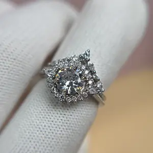 Moissanite Bridal Ring Set, Sterling Silver 925 Wedding Ring Set, Round Halo Ring, Stacking Bridal Rings