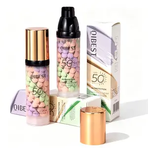 Tri-color Color Blending Makeup Primer Serum with SPF50 PA+++ Sun Protection, Hydrating Skin Prep Base, Oil Control & Lightweight Texture, Purple Pink Green Multi Shade Concealing Granules, Hydrating Daily Makeup Base Cosmetic for Daily Makeup Application