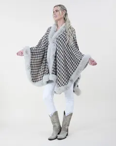 Original USA Women's Houndstooth Cape Poncho with Faux Fur Trim, Womenswear Jacket Coat
