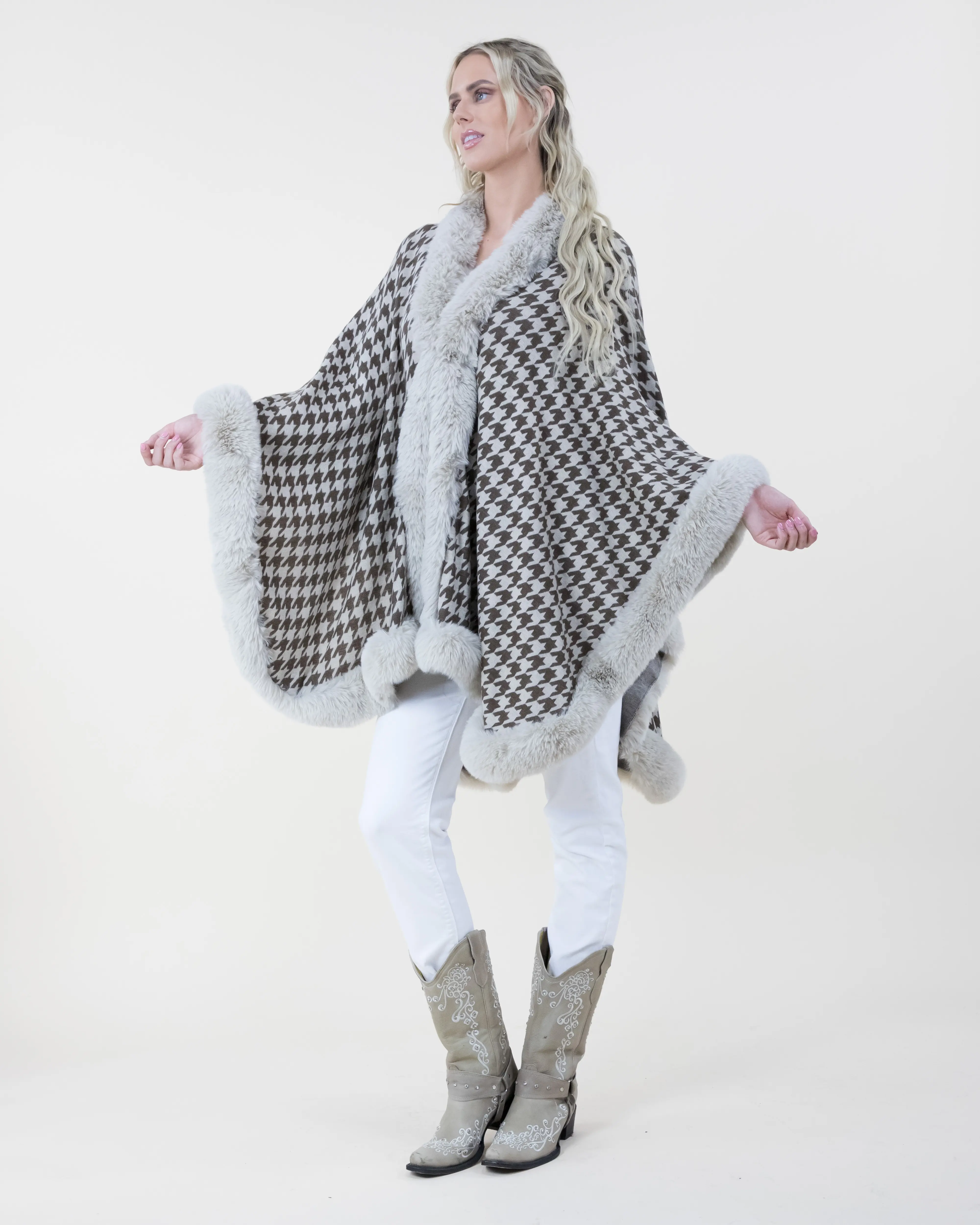 Original USA Women's Houndstooth Cape Coat, Elegant Open-Front Poncho with Faux Fur Trim for Winter Outerwear, Coats, Jackets