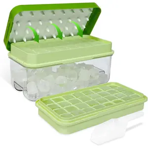Ice Trays for Freezer with Lid & Bin,  Tray Making 64 count Ice Cubes, Easy Press to Release Ice, Ice Tray with Storage Bin Chilling   Coffee 2 Trays 1 Ice Bucket & Scoop (Green)