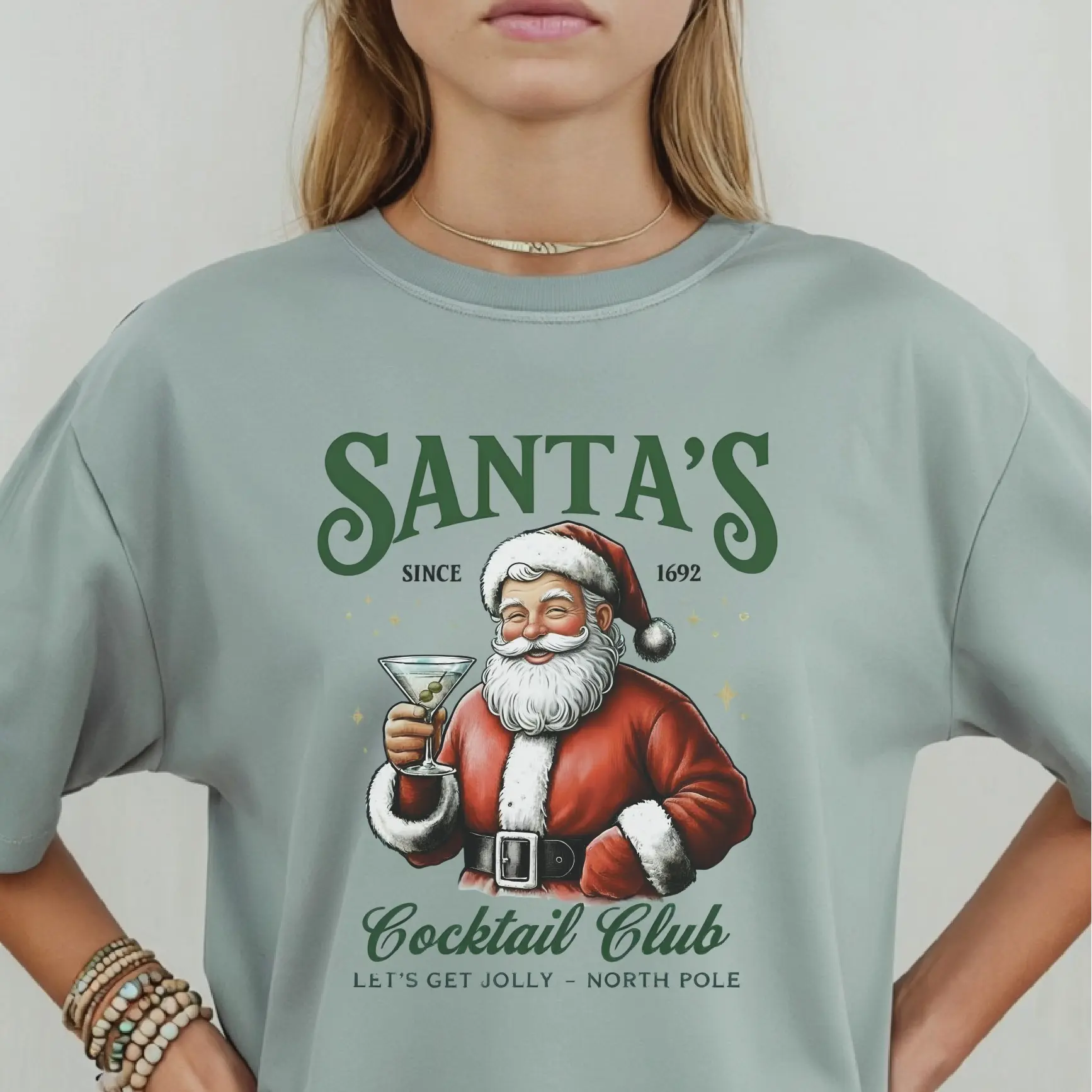 Santa’s Cocktail Club Shirt – Funny Christmas Drinking Tee | Comfort Colors 1717 | Vintage Santa Graphic | Holiday Party Shirt for Women & Men
