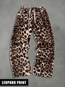 Men's Stylish Streetwear Striped Leopard Print Loose Track Pants, Loose Fit Bottoms, Comfortable Knit Double-Sided Fleece Sports Pants for Autumn & Winter, Unisex Design for Casual Outings