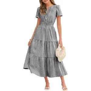 Caracilia Womens Summer Maxi Dresses 2026 Spring Casual V Neck Short Sleeve Gingham Flowy A-Line Beach Vacation Party Outfit
