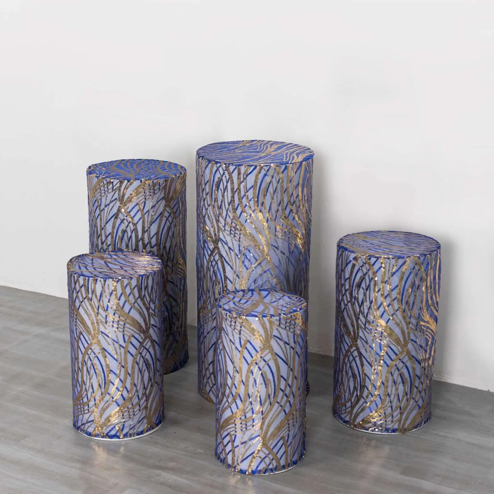Royal Blue Wave Pattern Mesh Fabric Decorative Cover Set (5-Piece Cylinder Pedestal) - Embroidered Sequins, 160 GSM Fabric Stand Covers for Pillar Props, Party Decor, Hand Wash Only