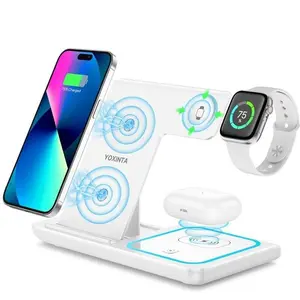 Three-in-One Wireless Charger, 15W Fast WirelessMultifunctional Charging Station with Foldable& Portable Design for iPhone,  iWatch & AirPods Series