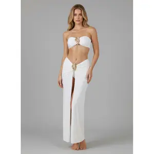 2026 Women's White 3 Piece Bathing Suit, Bandeau Bikini Set with Gold Shell Ornament & High Slit Maxi Cover Up Skirt, Elegant Ruched Swimwear for Beach Vacation Honeymoon Cruise Resort Pool Party Photoshoot Water Activities