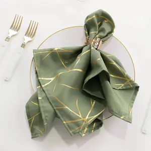 5 Pack Polyester Napkins 20"x20" Dusty Sage Green with Gold Foil Tree Branch Pattern - Modern Washable Cloth Napkins for Formal & Casual Dining
