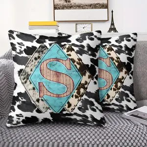 Trendy Cowhide Pattern Throw Pillow with Digital Print, 45cm Includes Pillow Insert, Features Rustic Wooden 'S' Monogram, Unique Turquoise Diamond Design, Perfect for Sofa, Bedroom Decor, Stylish Eclectic Home Accessories