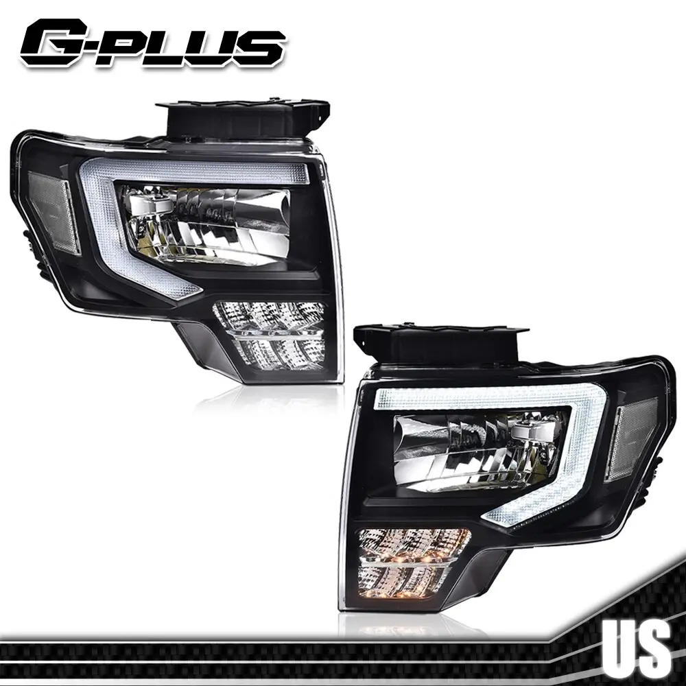 G-PLUS Full LED Headlight Assembly with LED DRL, Headlight Replacement for 2009-2014 Ford F150 F-150 Truck, Driver & Passenger Side Pair, Black/Clear Vehicle Accessories