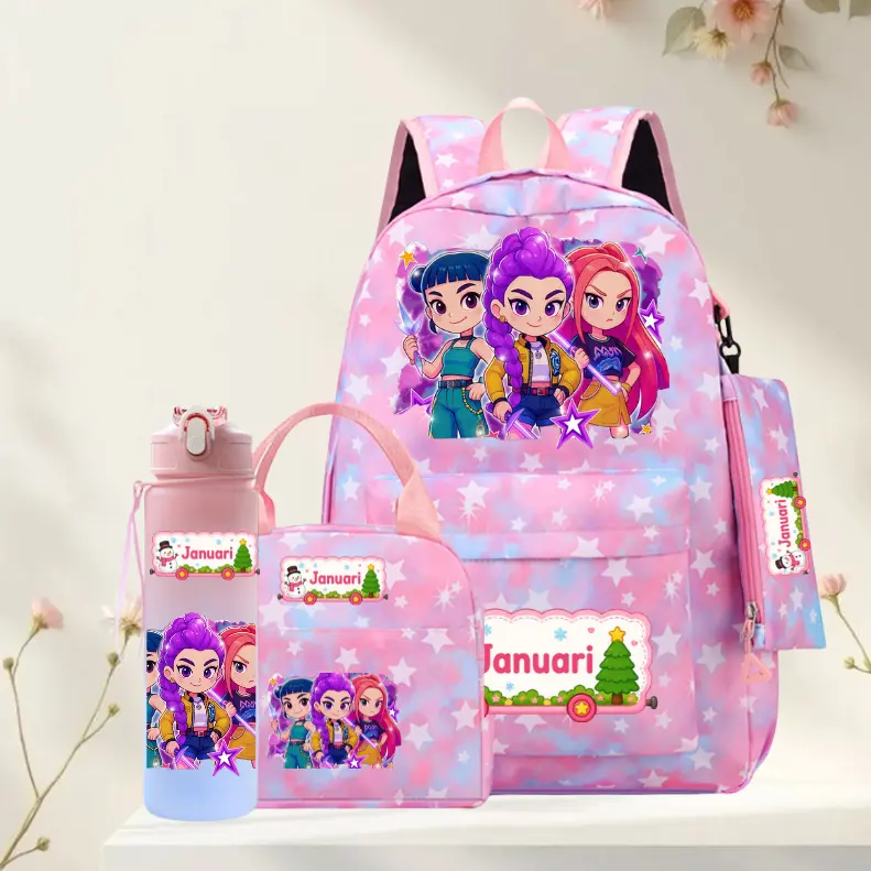 Pink backpack with custom name printing – 4-piece set pink
