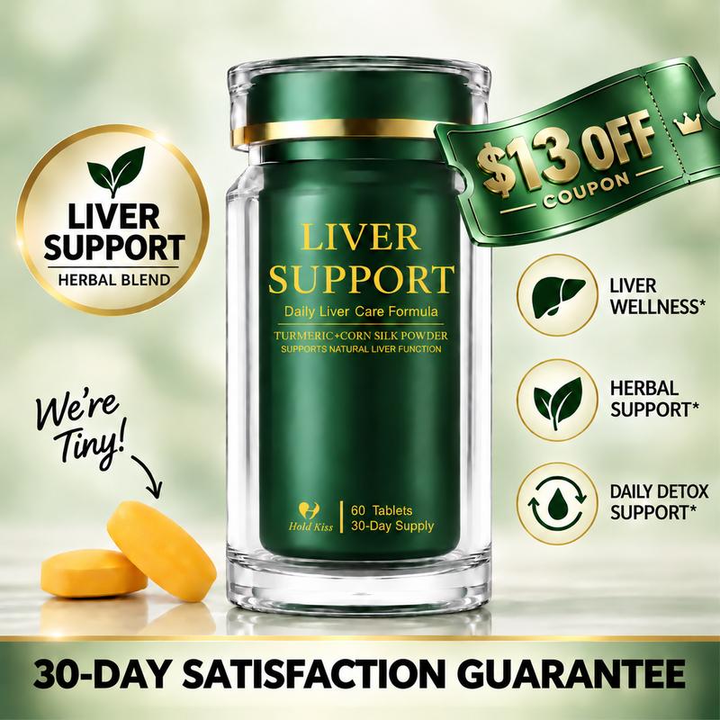 Hold Kiss Liver Support Daily Wellness Tablets - Natural Botanical Supplement for Adults, Premium Turmeric Herbal Blend with Corn Silk, Hovenia Dulcis, Ganoderma Lucidum Powder, Liver Detox Plant-Based Selfcare, 60 Count, Turmeric Herbal Supplements