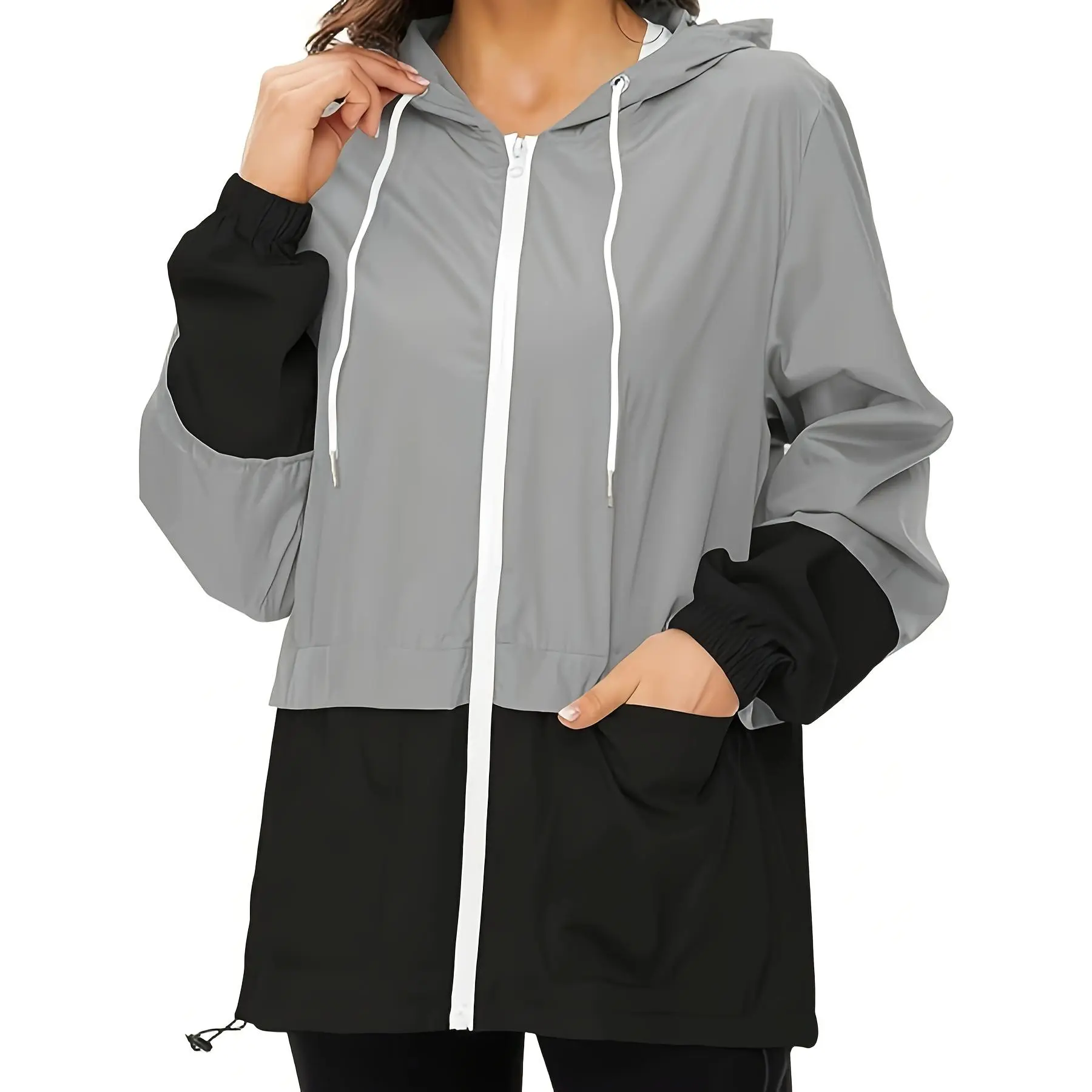 Women's 2025 New Plus Size (2XL,3XL,4XL,5XL) Color Block Hooded Rain Jacket - Lightweight, Water Resistant, Drawstring Casual Polyester Top for Sports, Outdoor Activities, Large Sizes