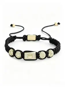 Men's Black Crown Macrame Bracelet, Adjustable Micro Pave CZ Braided Wristband, Hip Hop Luxury Jewelry Gift for Women Men