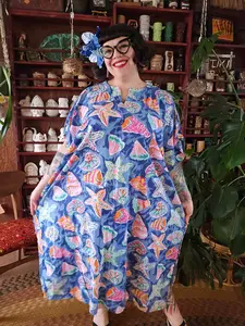 Vintage 90s Blue Seashell Print Kaftan Dress
