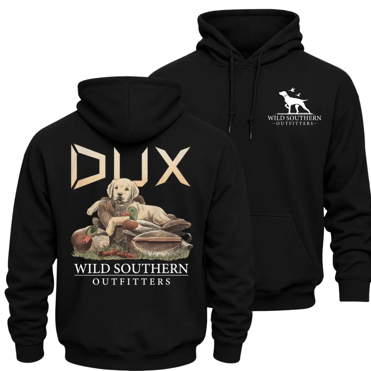 Wild Southern Outfitters DUX Duck Hunting Hoodie, Yellow Labrador and Mallard Decoy Graphic Pullover, Front Chest Logo and Large Back Print Waterfowl Hunter Apparel, Southern Hunting Gift for Men and Women