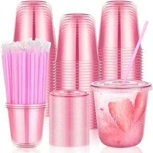100 Set 12oz  Plastic Cups with  & Straws, Disposable Iced Coffee Cup with Lid, Round Bottom Plastic To Go Cups for Cold Drinks Slushie Smoothie Valentine Galentine Party Supplies