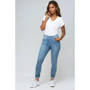 Ankle Pull-On Light Blue Jeans With Aztec Embroidery