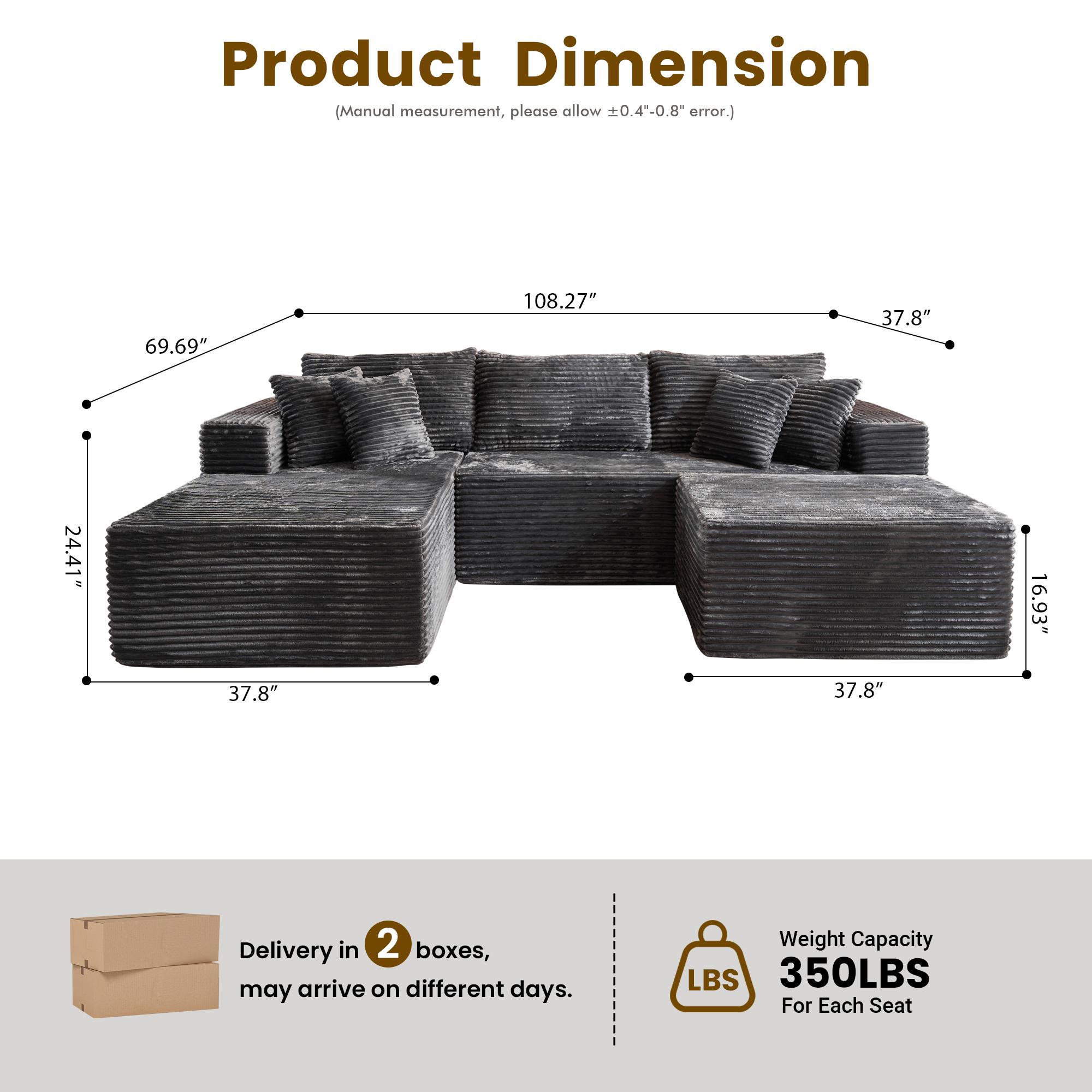 CAODOC 108" Modular Sectional Sofa Cloud Couch with Ottoman Corduroy Memory Foam L-Shaped Couch for Living Room Modern Deep Seat Boneless Fluffy Plush Chaise Lounge Free Combination