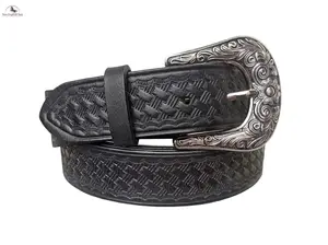 Western Belt for Men & Women Full Grain Leather Tooled Design Floral Buckle 1.5" Wide 4mm Thick Snap Button Closur Designed in USA