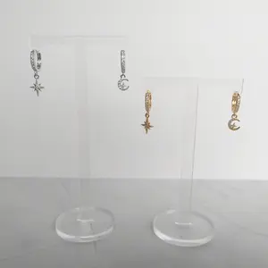 #523 Asymmetrical Crescent Moon & Star with Rhinestones Hoop Earrings- Casual Everyday Earrings