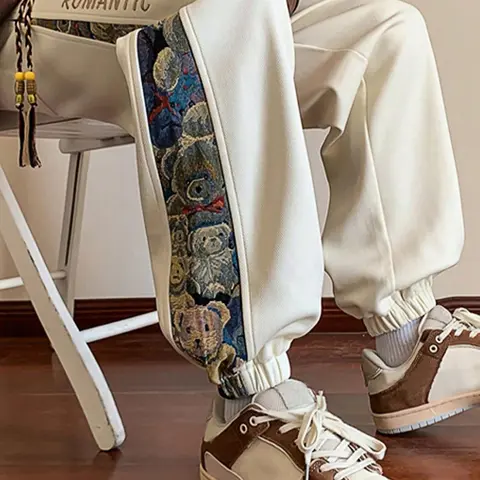 Men's Cartoon Bear Patchwork Print Drawstring Waist Jogger Pants, Casual Regular Fit Pocket Design Trousers for Fall & Winter, Fashion Men's Bottoms for Daily Wear, Printed Sweatpants, Drawstring Sports Pants, Athleisure Style Bottoms